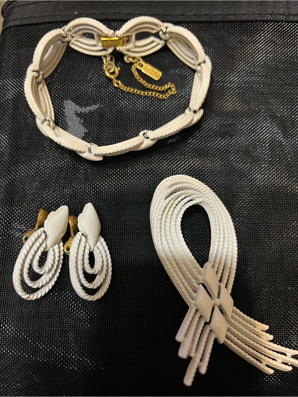 Monet White and Gold Braided Bracelet, Clip-On Earrings & Ribbon Brooch Set